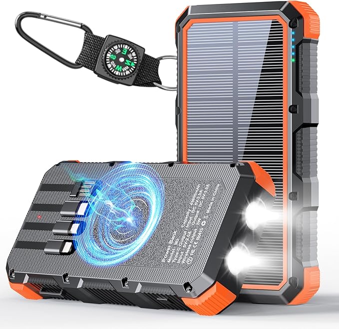 Solar Charger Power Bank 49800mAh Wireless Charger QC 3.0 Fast Charging Power Bank 8 Outputs 4 Inputs Solar Portable Charger Compatible with All Mobile Devices,SOS/Strobe/Strong Flashlights (orange)