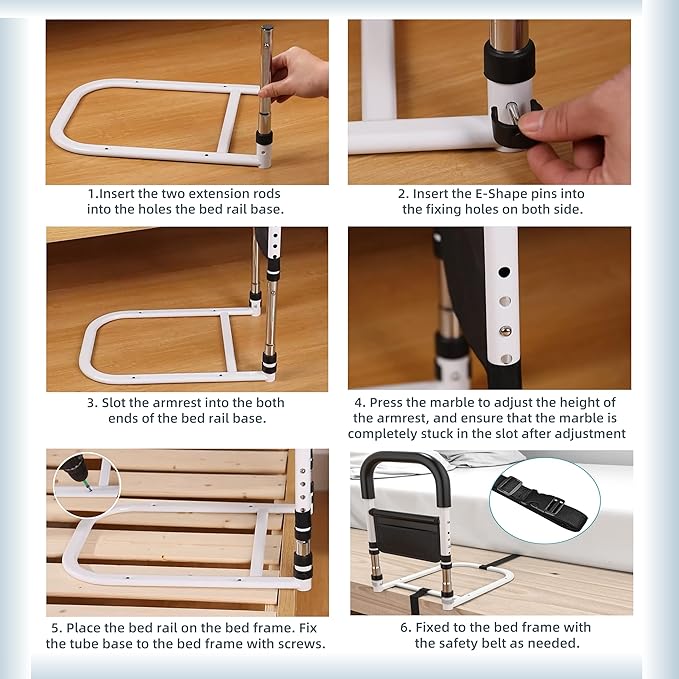 Bed Rails for Elderly Adults Safety, Medical Bed Assist Rail for Seniors, Bed Side Rails for Queen Bed, Height Adjustable Bedside Bed Cane Grab Bar Handle with Storage Bag Fits King Twin Full Size Bed