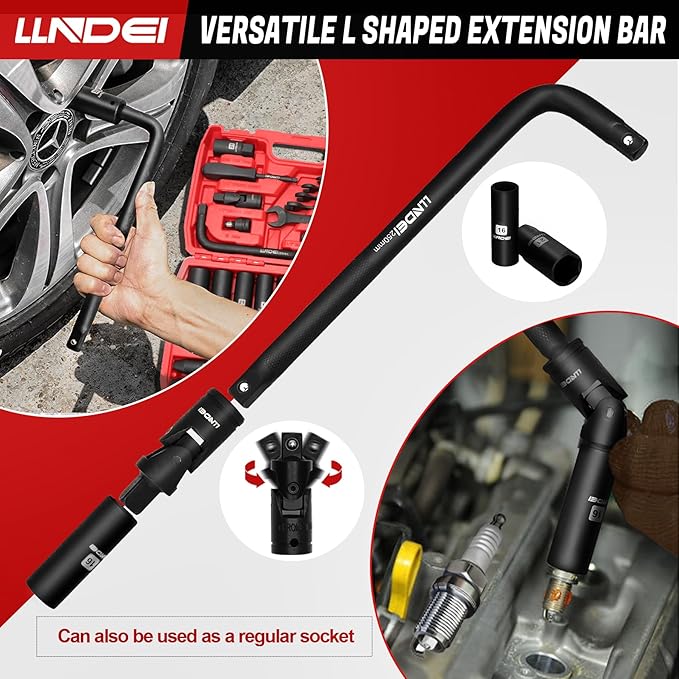 LLNDEI 1/2" Dr. Ratchet Impact Socket Wrench Set,Deep Sockets(8-24mm),Spark Plug Socket(16,21mm),49PCS, CR-V, Metric, With Combination Wrenches (8-17mm)