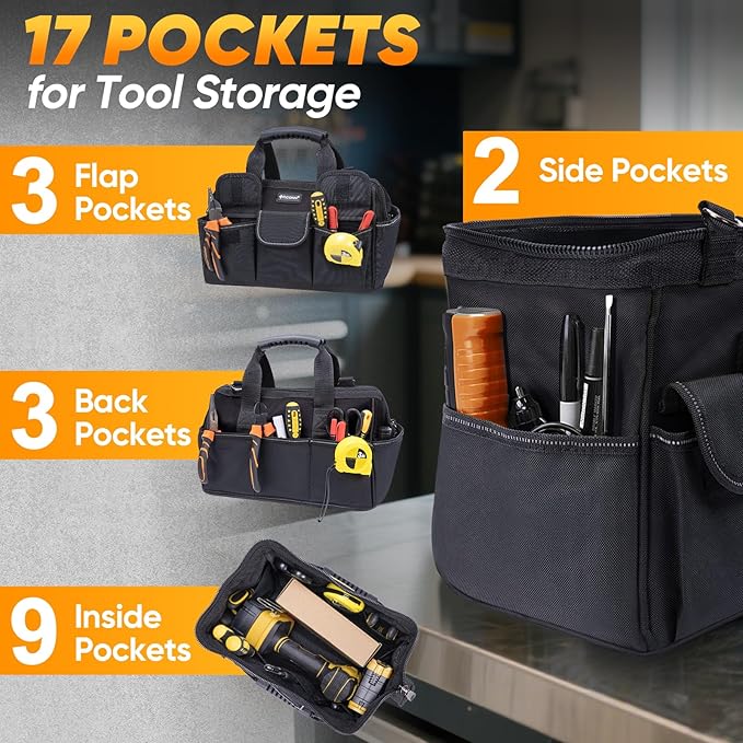 TICONN Heavy Duty Tool Bag with Multi-Pockets, Portable Tool Box Organizer Storage Bag, with Adjustable Shoulder Strap and Ergonomic Handle (Black, 12" Standard Base)
