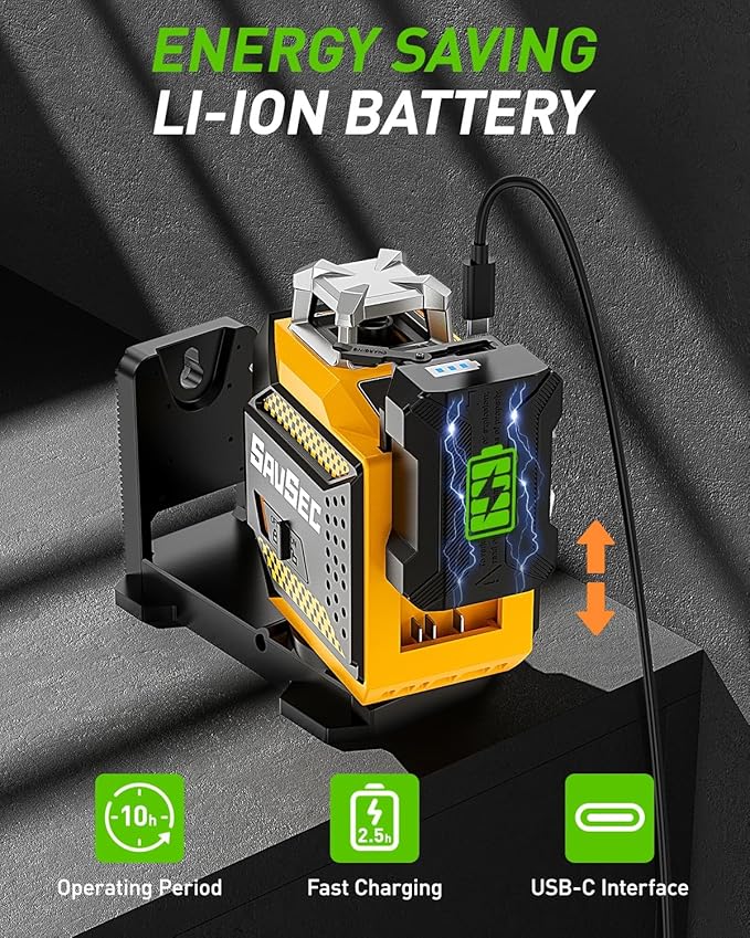 Laser Level 360 self leveling, SAVSEC 3 x 360° Brightness Adjustable Lazer Leveler Tool, 3D Rechargeable Green Cross Line Laser for Construction and Picture Hanging - Magnetic Fine-adjust Wall Bracket