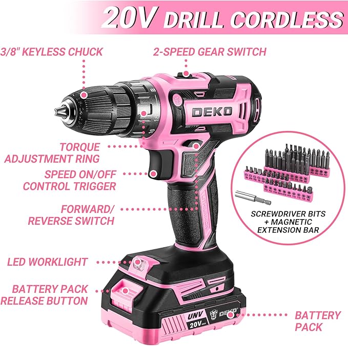 DEKOPRO Pink Drill Tool Kit Set: 20V Cordless Power Drill Tool Box with Battery Electric Drill Driver for Men Home Hand Repair Basic Toolbox Tools Sets Drills Case, DKMT186-GP