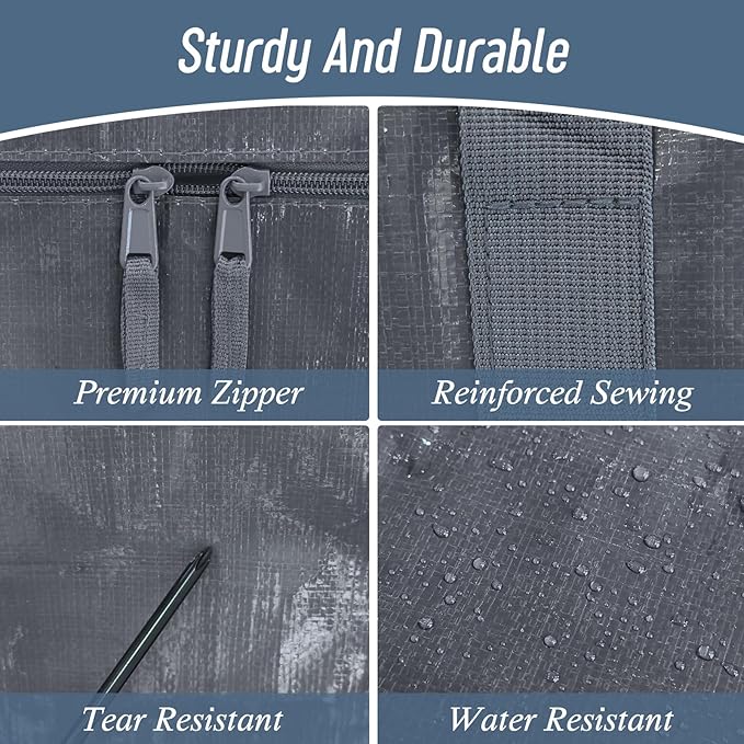 6 Pack Extra Heavy Duty Large Moving Bags with Strong Zipper & Comfortable Handles, Sturdy & Durable Clothes Storage Bags Totes Bins, Packing Moving Boxes for College Supplies, Gray