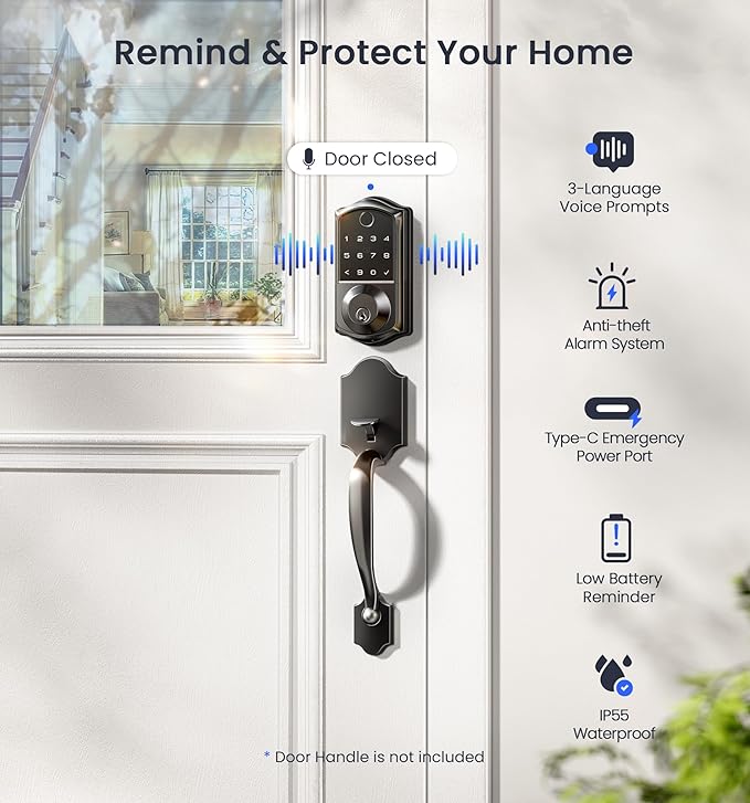 Veise VE017G Wi-Fi Keyless Entry Door Lock with Fingerprint, App Remote Control, Smart Locks for Front Door, Electronic Keypad Deadbolt, Auto Locking, Waterproof, Easy to Install, Matte Black