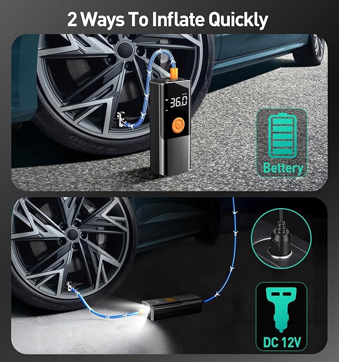 Tire Inflator Portable Air Compressor, 150PSI＆20000mAh Battery Air Pump for Car Tires, 6X Inflate Portable Tire Inflator for Car Motorcycle Balls Bike Pump,12DC Tire Pump with LED Light, Auto shut-off