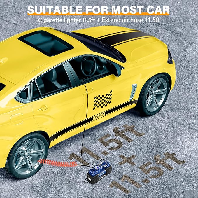 GSPSCN Portable Air Compressor Pump Tire Inflator with Digital Gauge, Heavy Duty Double Cylinder 12V Tire Pump 150 PSI with Tire Repair Kit and Toolbox for Auto,SUV,Off-Road,Truck,Bike (Blue)