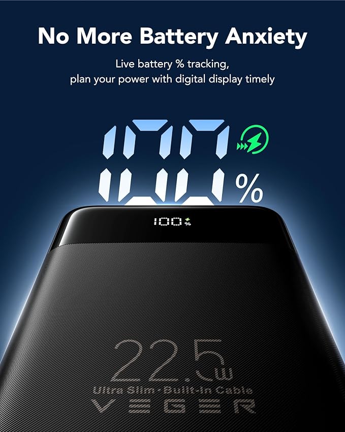 VEGER 10000mAh Portable Charger with 2 Built-in Cables, PD 22.5W Fast Charging USB C Power Bank, 4 Outputs 3 Inputs Slim Battery Pack Compatible with iPhone, Samsung, iPad, Android - Travel Essential