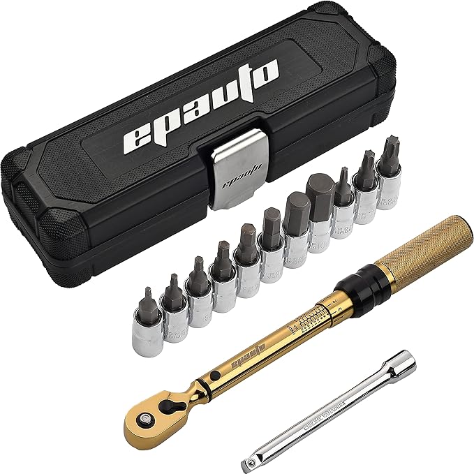 EPAuto Bike Tool 1/4 Inch Drive Click Torque Wrench Set (2 to 20 Nm), Hex/Torx Bit Socket Extension Bar Bicycle Maintenance Kit, Gold