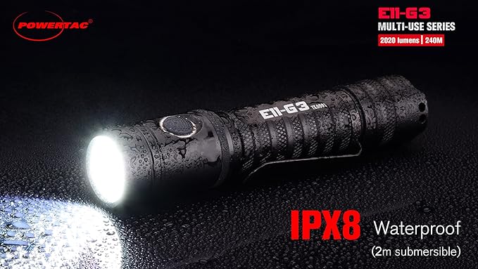 PowerTac E11-G3 2020 Lumen Rechargeable Flashlight, Type-C Charging, IPX8 Waterproof, 6 Modes, Reversible Steel Pocket Clip, Auto Memorization, 2020 Lumens, EDC LED Flashlights for Everyday Carry