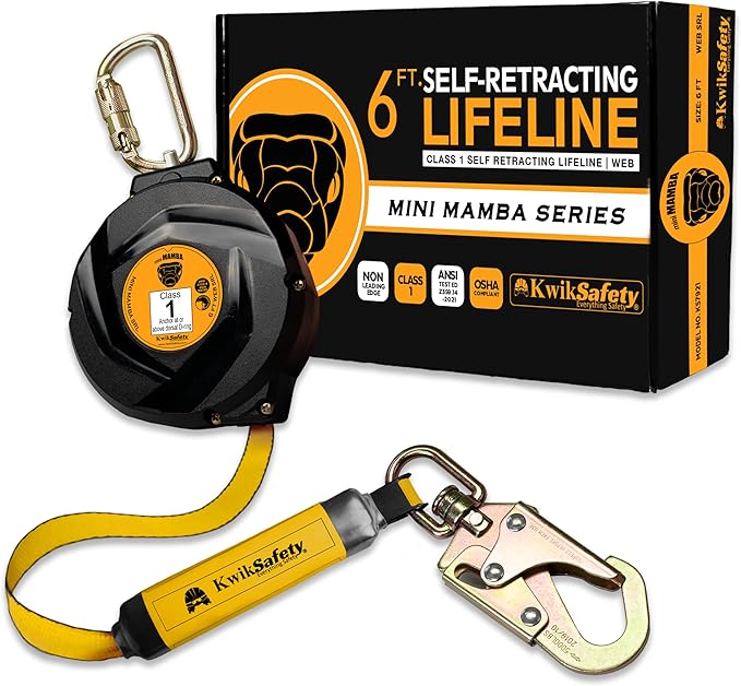 KwikSafety - 6' mini Mamba Self Retracting Lifeline [NO Tangle Web] Class 1 Retractable Safety Lanyard SRL ANSI OSHA