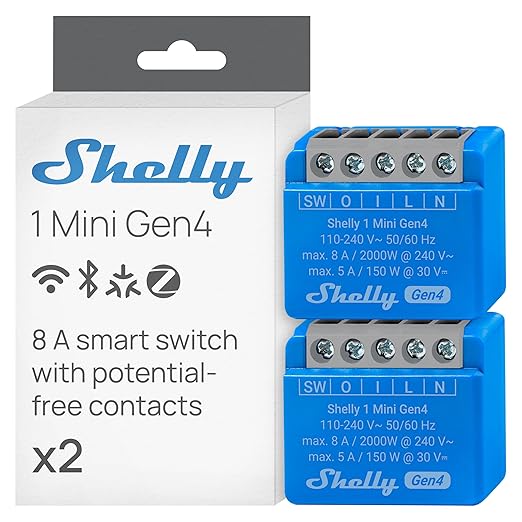 Shelly 1 Mini Gen4 | Wi-Fi, Zigbee & Matter Smart Relay Switch with Dry Contacts, 1-Channel 8A | Home Automation | Alexa, SmartThings, Google, Apple HomeKit Compatible | Garage Door Opener (2 Pack)