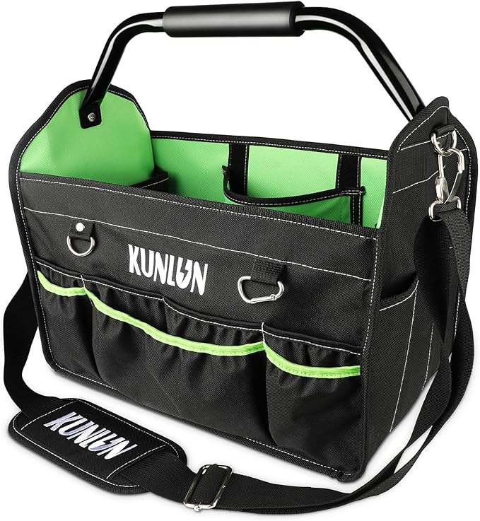 17-Inch Open Top Tool Bag, Electrician Tool Bag, Tool Tote Bag Organizer for Easy Tool Access, 33 Pockets Foldable Tool Carrier with Rotating Steel Handle and Removable Shoulder Strap (Black+Green)
