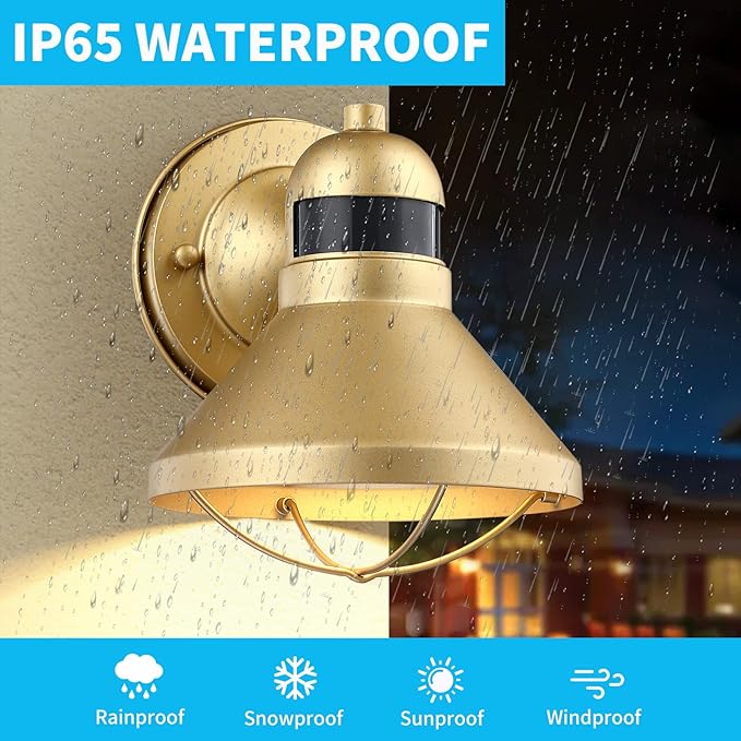 LONEDRUID Motion Sensor LED Outdoor Barn Light Fixtures Dusk to Dawn Exterior Porch Lantern Gold Outside Wall Sconce Lighting Rustic Farmhouse Wall Mount Lamp for House Garage Patio Entryway