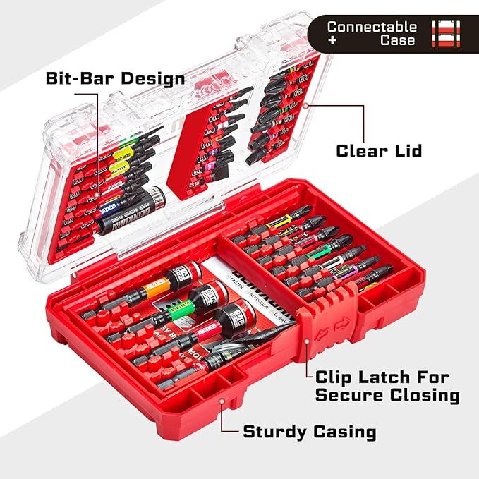 32Pieces Impact Screwdriver Bits Set, Magnetic S2 Steel 1”/2”Phillips/Square/Torx/Slotted Bits Tips,Impact Bit Holder and Nut Driver Set with Red Storage Box Case