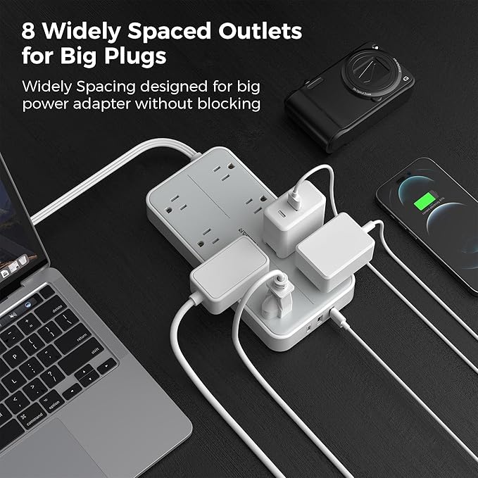 TESSAN Power Strip Surge Protector, Flat Plug Extension Cord with 8 Outlets 3 USB Charger(1 USB C), 1080 Joules Protection, Wall Mountable Charging Station for Home Office School Dorm Room Essentials