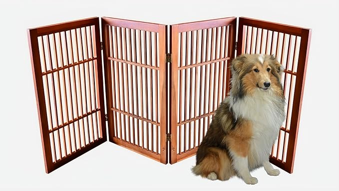 Pet Dog Gate Strong and Durable Freestanding Folding Acacia Hardwood Portable Wooden Fence Indoors or Outdoors by Urnporium (Brown Pet Gate, 4 Panel 30" Tall)
