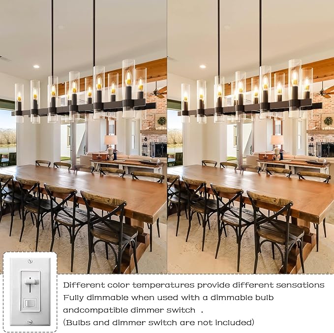 Modern Black Island Rectangle Chandelier with Clear Glass,48” Adjustable Height Modern Linear Light Fixture 12 Light Dining Room Chandelier Over Table for Dining Room Kithen Island