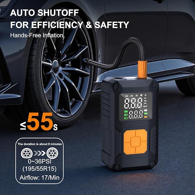 Tire Inflator Portable Air Compressor, 150PSI Cordless Mini Air Pump with Digital Pressure, Bike Pump, 5X Fast Inflation 10000mAh Tire Inflator for Car, Motorcycle, Bike, Ball, LED Light