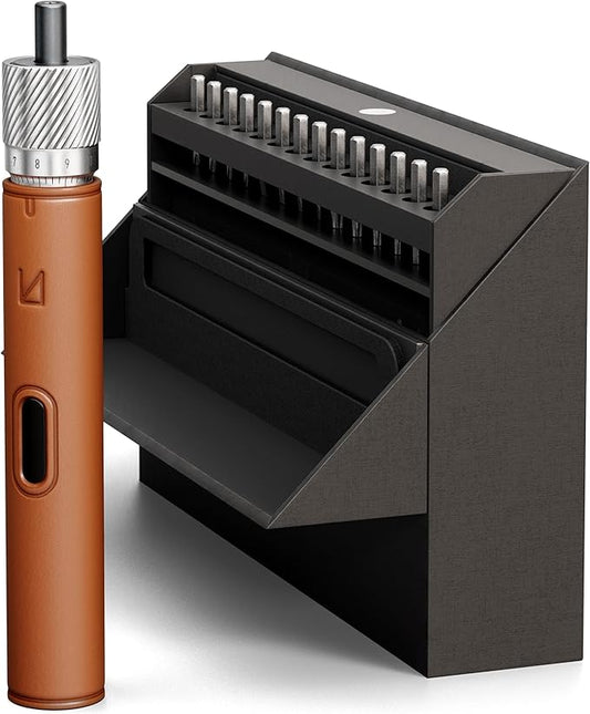 Lunar Artefacts Precision Electric Cordless Rechargeable Brown Leather and CNC Aluminum Screwdriver with 24 Magnetics Bits and Easy Storage Toolbox