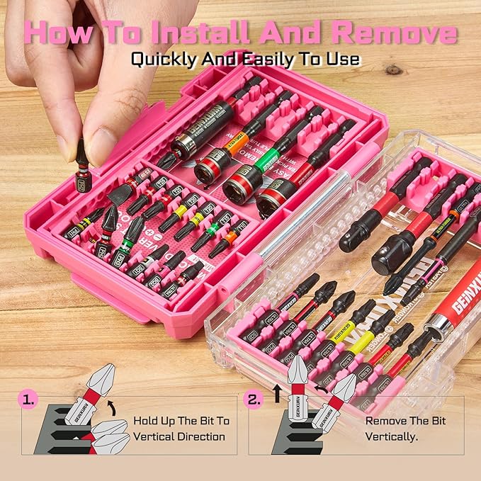 31Pieces Impact Screwdriver Bits Set, Magnetic S2 Steel 1”/2”/3” Phillips/Square/Torx Bits Tips,Impact Bit Holder and Nut Driver with Pink Storage Box Case
