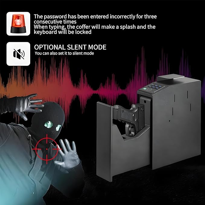 Biometric Fingerprint Mountable Gun Safe, Passcode, Keys and Quick Access Auto Pop，Gun Safe for Nightstand, Desk, Bed Side