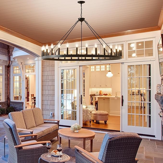 Large Farmhouse Wagon Wheel Chandelier 53",30-Light Black Round Rustic Ceiling Pendant Lighting Fixture,Industrial Chandeliers for high Ceilings Outdoor Porch Living Dining Room Kitchen Foyer