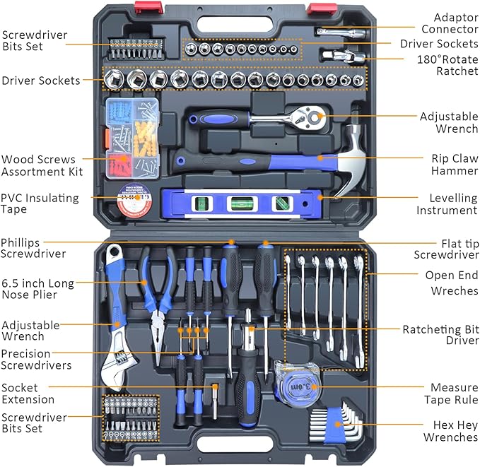 jar-owl Home Tool Kit Tool Set 146 Pieces Metric Household Hand Tool Kit，Auto Repair Tool Set with Portable Toolbox for Homeowner, Diyer, Handyman