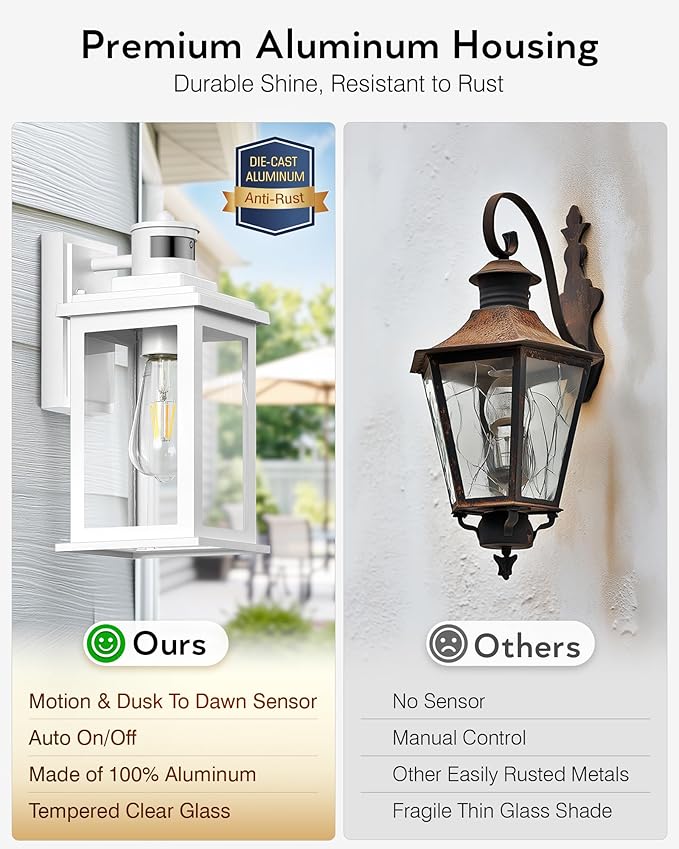 VIANIS Motion Sensor Porch Lights, Outdoor Wall Lights Wall Mount, White Dusk to Dawn Outdoor Sconce Lights, Waterproof Exterior Light Fixture for House, Garden, Patio, Entryway,Hardwired, Non-Solar