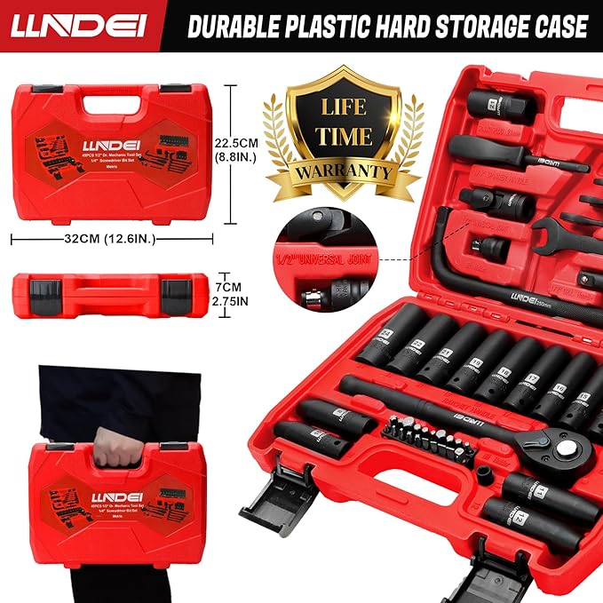 LLNDEI 1/2" Dr. Ratchet Impact Socket Wrench Set,Deep Sockets(8-24mm),Spark Plug Socket(16,21mm),49PCS, CR-V, Metric, With Combination Wrenches (8-17mm)