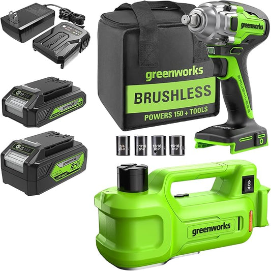 Greenworks 24V Brushless 2 pcs Cordless Power Tool Combo Kit, include Impact Wrench, Car Jack, Include 1 x 4Ah Batteries, 1 x 2Ah Batteries and 1 Charger