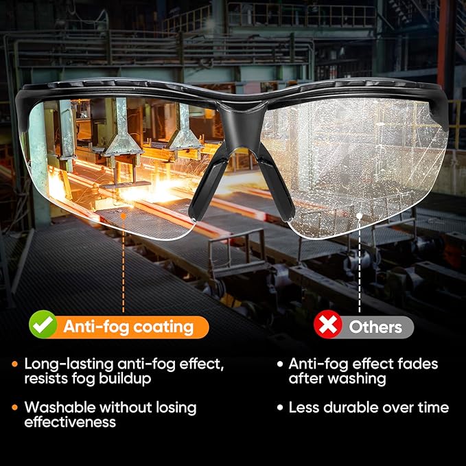 TICONN Anti-Fog Safety Glasses for Men and Women, ANSI Z87.1 Scratch Proof Eye Goggles with Adjustable Arms and UV Protection