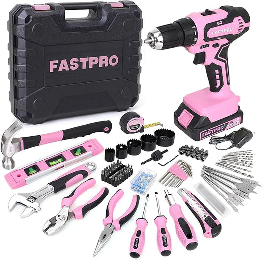 FASTPRO 177-Piece 20V Pink Cordless Lithium-ion Drill Driver and Home Tool Set, Lady's Home Repairing Tool Kit with Drill in Storage Case