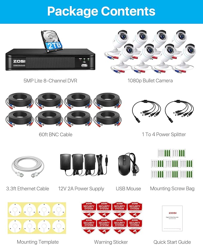 ZOSI 1080P H.265+ Home Security Camera System with AI Human Vehicle Detection, 5MP 3K Lite 8 Channel CCTV DVR Recorder with 2TB Hard Drive and 8 x 1080p Surveillance Bullet Camera Outdoor Indoor