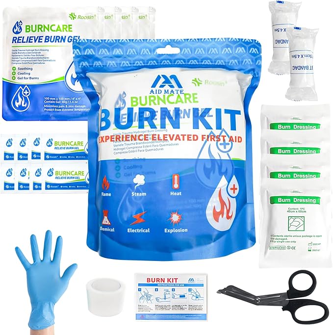 Burn Kit, 4pcs Burn Dressings 4x4”, 8pcs Burn Gel Packets 3.5g, 4pcs Burn Pads, First Aid Kit Cooling Soothing Cream Relief with Bandage, Nitrile Gloves, Scissors, Tape