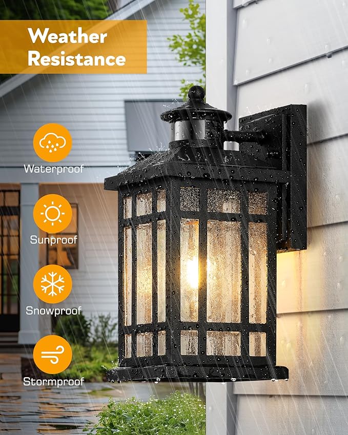 Motion Sensor Outdoor Light Adjustable Sensing Range, 2 Pack Black Dusk to Dawn Exterior Lighting Fixtures with Bubble Glass, Aluminum Anti-Rust Outside Lights for House Garage Doorway Garden