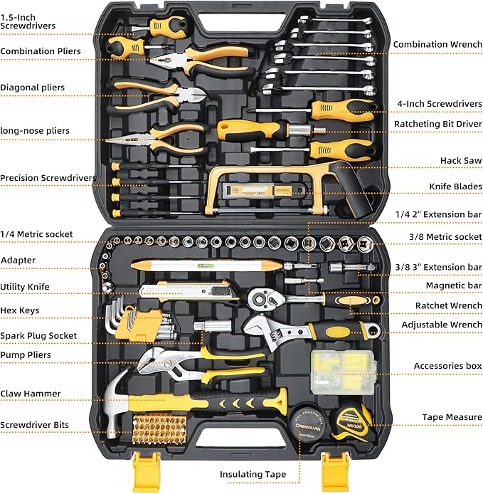 Home Tool Kit 199 Piece Basic Household Auto Repair Tool Set Car Toolbox General Hand Tool Kit for Home Men Women DIY with Plastic Toolbox Storage Case Pliers Wrench Combination