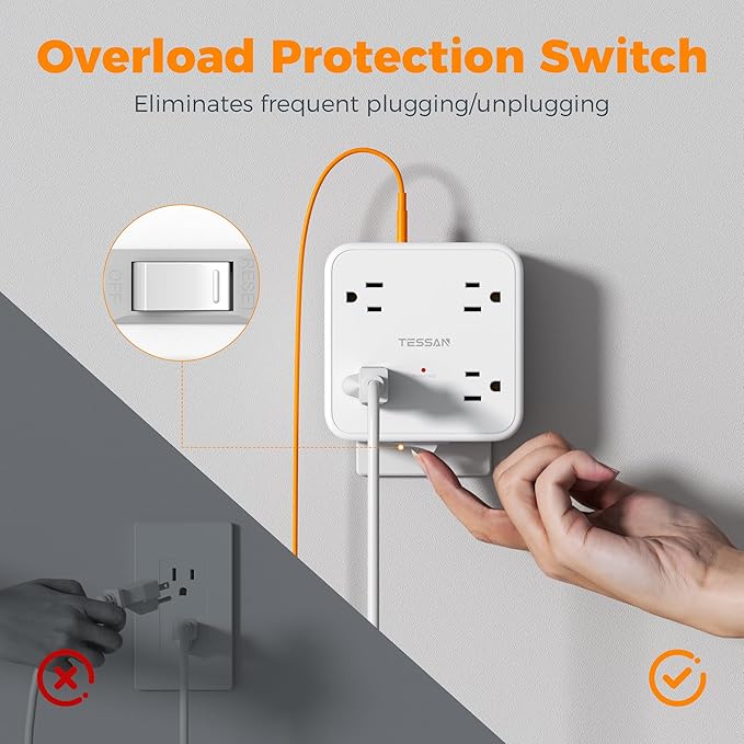 Multi Plug Outlet Extender, TESSAN Wall Surge Protector Plug Extender with 8 Sockets, Multiple Outlet Splitter with 3 USB Ports (1 USB C), Power Socket Expander with Switch for Home, Dorm, White