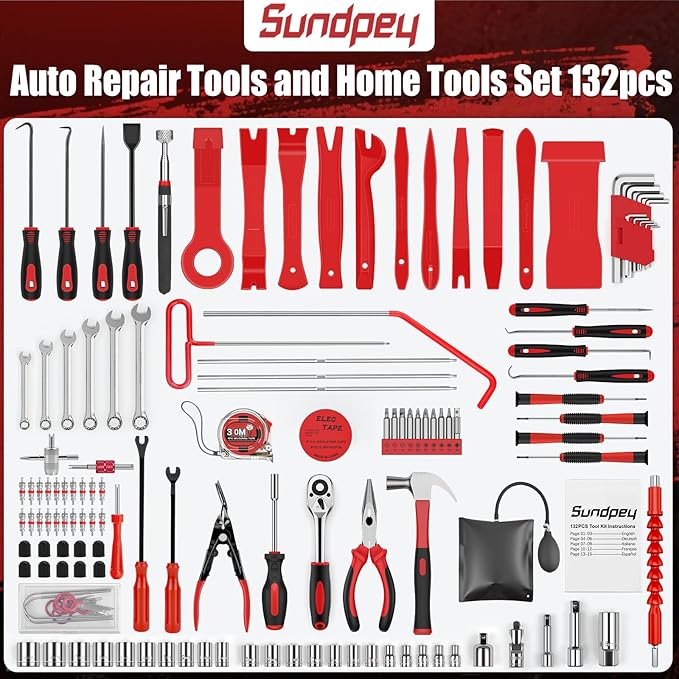 Sundpey 132-PCs Car Tool Kit - Portable General Basic Home and Automotive Repair Tool Set with Drawer for Men Women with Hook & Pick & Fastener & Valve Stem Removal Tools for RV Truck Motorcycle Bike