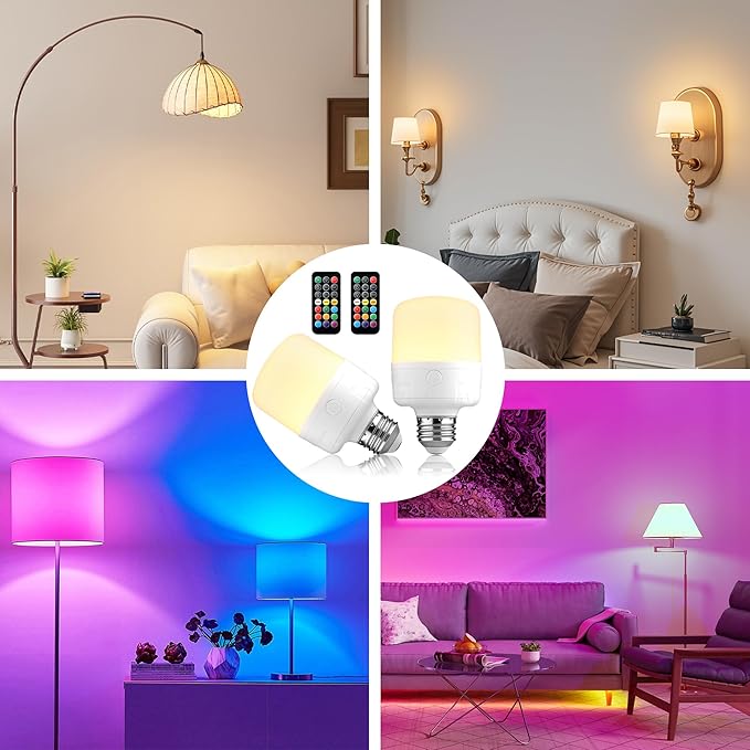 Rechargeable Light Bulbs with Remote, Timer, 3 Color Temperatures & RGB, E26 Battery Operated for Lamps Detachable Wireless Emergency Light Bulbs, Non-Hardwired, 2 Packs
