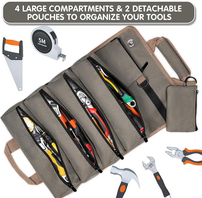 Roll Up Tool Bag, Heavy Duty Tool Organizer Bag, Portable Tools Bag with 6 Tool Pouches for Mechanics, Electricians, DIY Projects, Gifts for Men Dad Husband (Army Green)
