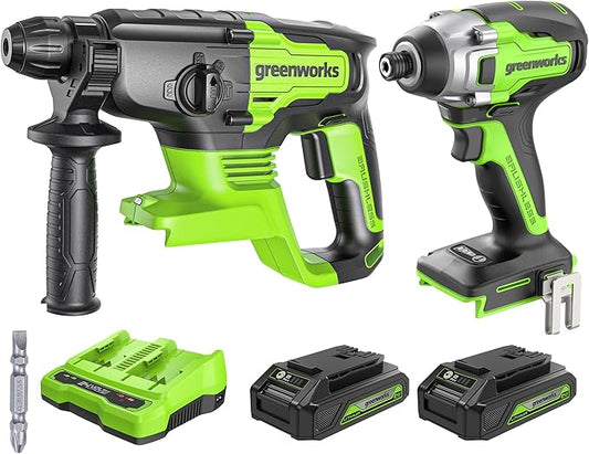 Greenworks 24V Brushless 2 pcs Cordless Power Tool Combo Kit, 2650 in./lbs Impact Driver and SDS 2J Heavy Duty Rotary Hammer Drill, Include 1 x 4Ah Batteries, 1 x 2Ah Batteries, 2 Charger