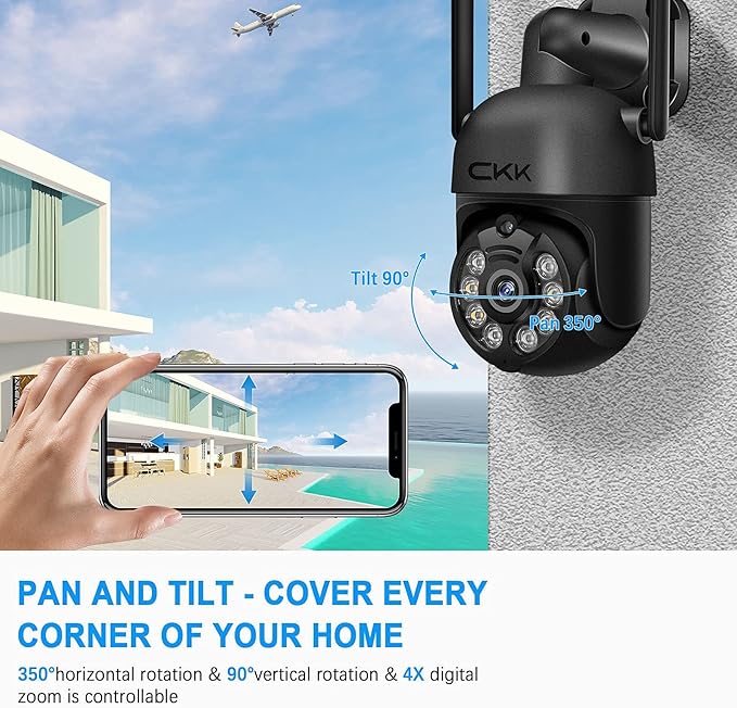 Wireless Security Camera System, 4pcs 3MP PTZ Cameras Outdoor Indoor, CKK WiFi Surveillance NVR System with Floodlights & Siren Alarm, 2 Way Audio, 24/7 Record, Expandable 10CH, No HDD