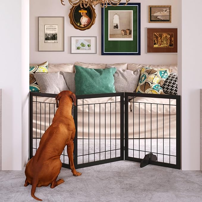 JSB 72-inch Extra Wide 28-inch Tall Dog gate, Freestanding Pet Gate for Halls, Stairs & Home, Pet Puppy Safety Dog Fence with 2PCS Support Feet (Black)