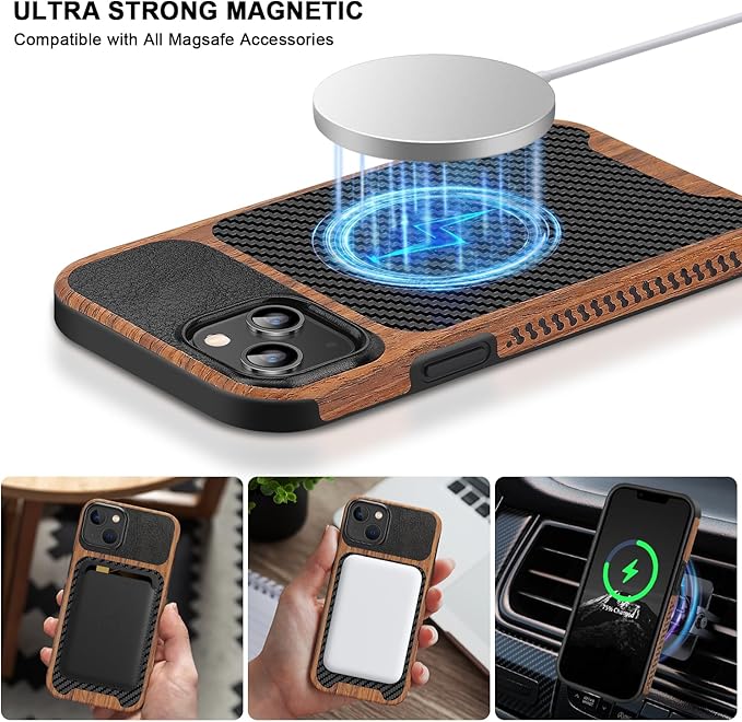 TENDLIN Magnetic Case Compatible with iPhone 15 Case Wood Grain with Carbon Fiber Texture Design Leather Hybrid Slim Case (Compatible with MagSafe) Black