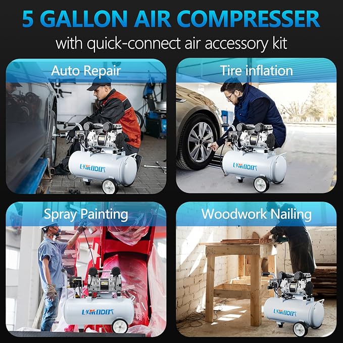 Quiet Air Compressor, Only 68dB, 5 Gallon Steel Tank, 2.8CFM @ 90PSI, Oil-Free, Electric Air Compressor Perfect for Woodwork Nailing, Garage, Car, Pneumatic Tool, Includes 11 Accessories