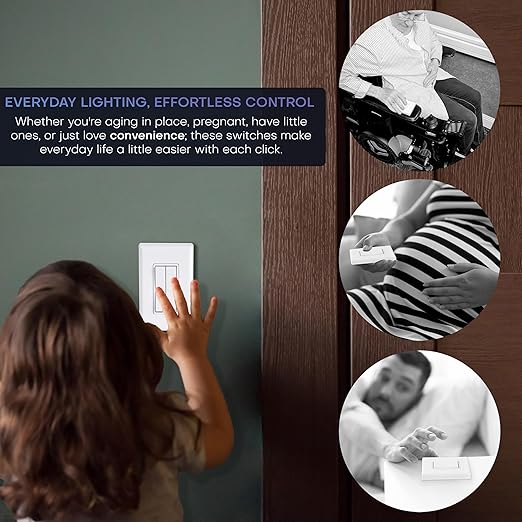 RunLessWire 3-Way Fan & Light Battery-Free DIY Kinetic Wireless Light Switch Kit for Bathrooms & Ceiling Fans: 2 Dual Remote Switches, Both Control 2 5A On/Off Receivers Separately – Gray
