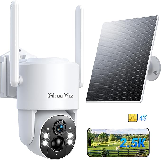 4G LTE Outdoor Solar Powered Cellular Security Camera Wireless, Off-Grid Camera No WiFi Required, 2.5K UHD Color Night Vision, 360° Live View, Local/Cloud Storage, IP66 Weatherproof, SIM Card