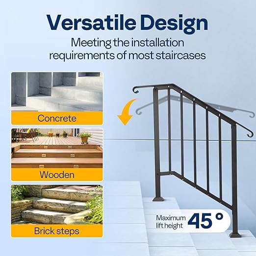 VIVOHOME 2-Pack 3 Step Galvanized Steel Hand Rails for Outdoor Steps – Curved Ends and Safety Balusters Exterior Railing for Porch, Deck, or Indoor Stairs, Complete Installation Kit