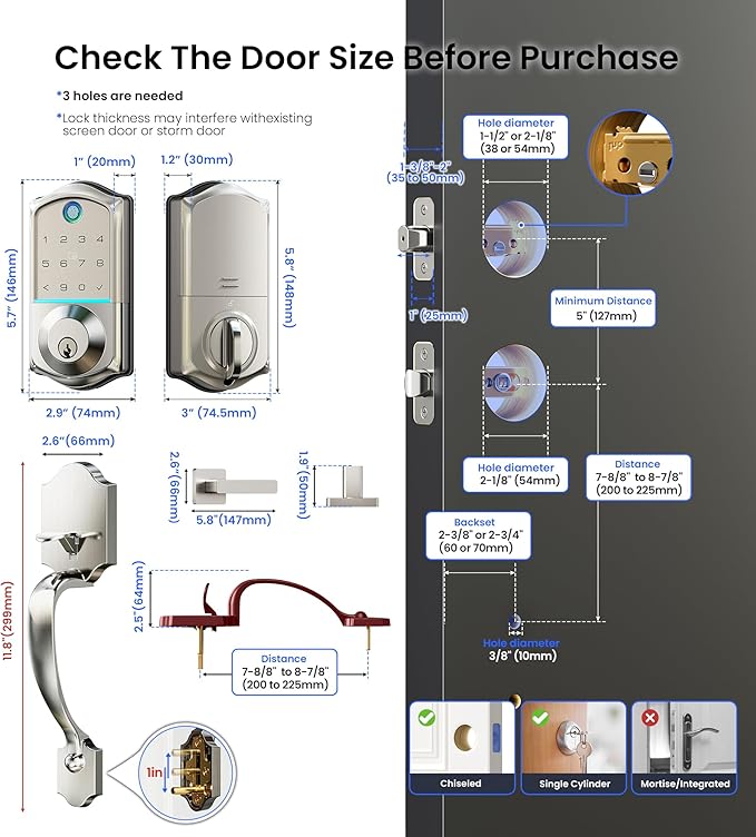 Veise VE017-H Fingerprint Smart Front Door Lock Set, App Control, Keyless Entry Deadbolt with Handle, Smart Deadbolt, Emergency Power Port, Touchscreen Keypad, Auto Lock, Easy Install, Satin Nickel
