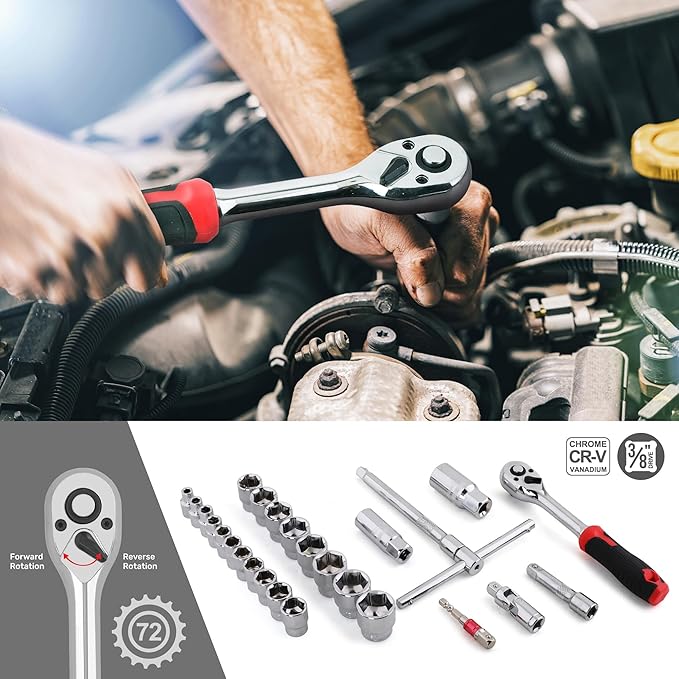 Hi-Spec 52pc Home Garage Mechanics DIY Tool Kit Set. Metric Sockets, Ratchet Wrench, Screwdriver Bit Set, Pliers and Spark Plug Accessories in a Portable Toolbox Case